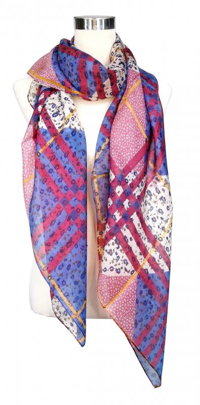 Scarf 100% Silk Paj Lila Blue White